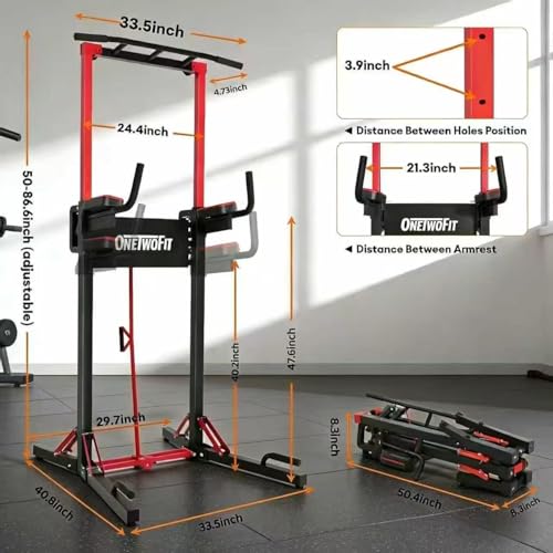 ONETWOFIT Foldable Power Tower Pull Up Bar Station, Multi-Function Adjustable Height Pull Up Dip Station for Gym Workout, ...