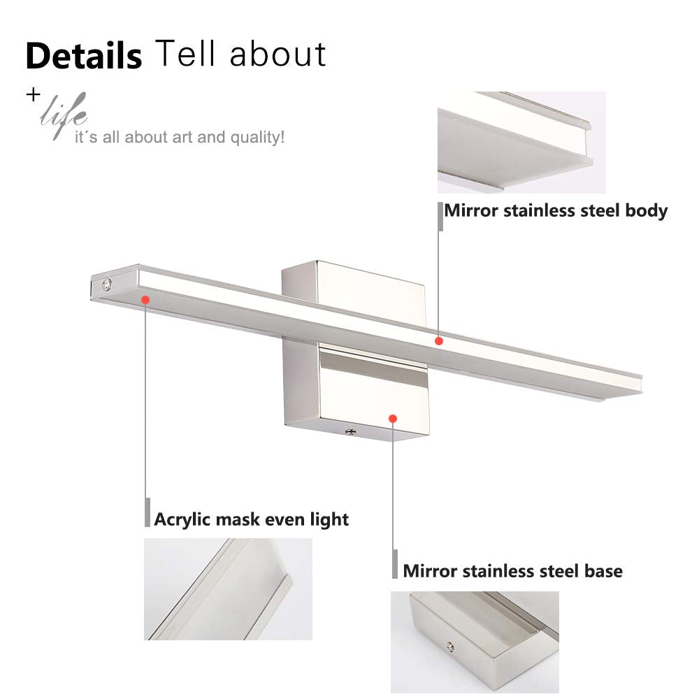 Brivolart Led Vanity Light Bar, 20 Inch Chrome Bathroom Fixture, 12W Acrylic Over Mirror Lighting, Model 6420