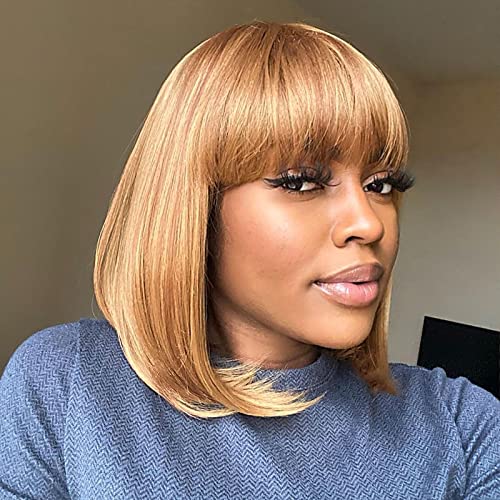 ToyoTress BLunt Cut Wigs With Bangs - 14 Inch Blonde Mix Brown Light Yaki Straight Hair Daily Costume Wig For Black Women, Soft