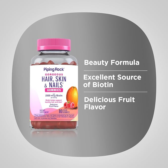 Piping Rock Hair Skin and Nails Vitamins | 80 Gummies | 2500 mcg of Biotin | Womens Multivitamin | with Vitamin C and E | Fruit Flavor | Non-GMO, Gluten Free Supplement
