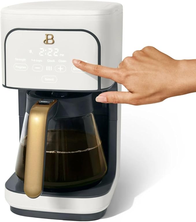 Beautiful 12-Cup Programmable Coffee Maker by Drew Barrymore, Touch-Activated Display, Auto Brew 24hr Timer, Regular/Gourmet/Bold Strength Options, Auto Clean & Keep Warm – Matte Finish (White Icing)
