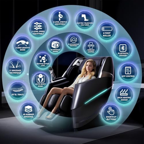 HealthRelife 4D Massage Chair Full Body Zero Gravity Recliner - 55“ SL-Track,20 Auto Modes,11 Massage Technique,40 Airbags...