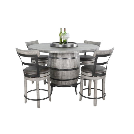 Pemberly Row Round 5-Piece Pub Table Set, Mahogany Wood, Wine Barrel Design with Lazy Susan Storage, Powder-Coated Metal Accents, Counter-Height Stools, Rustic Dining Room Furniture