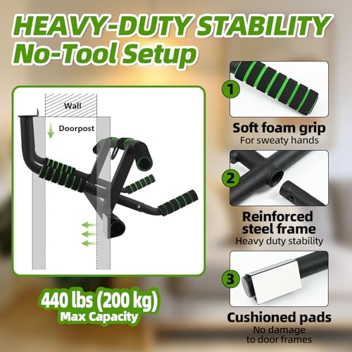 VBSD Upgrade Pull Up Bar for Doorway with Ergonomic Grip, Upto 440 Lbs Capacity No Screws Pullup Bar for Home Gym Indoor E...