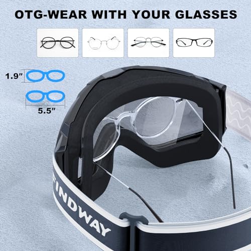 findway Ski Goggles OTG - Over Glasses Snow/Snowboard Goggles for Men, Women & Youth - 100% UV Protection