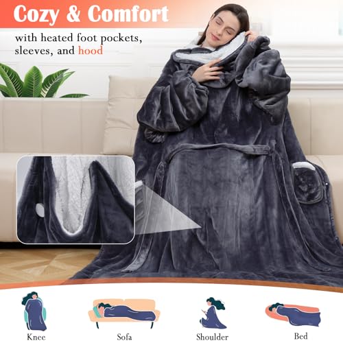 Wearable Heated Blanket with Heated Foot Pocket, Electric Wearable Throw Blanket with Sleeves, Hood, Foldable Foot Pocket,...