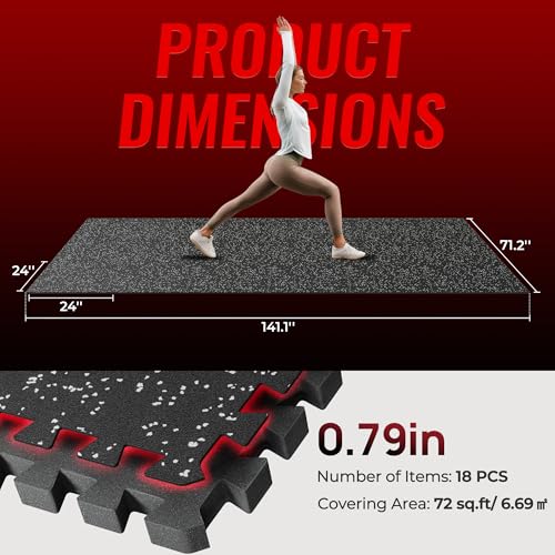 SUPERJARE 0.79'' Extra-Thick Exercise Equipment Mats, 18 Pcs 72 Sq Ft Rubber Top Floor Tiles with High Density EVA Foam, I...