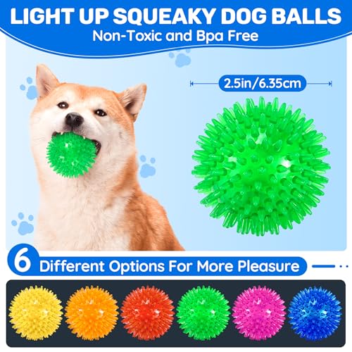 Ousiya 6 Pack 2.5" Light Up Squeaky Dog Balls, Spiky Dog Toy Balls for Puppy Small,Medium Dogs