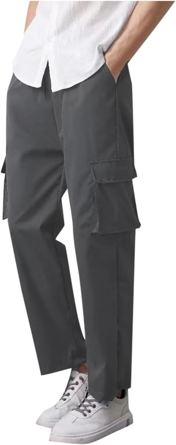 Men's Oversized Cargo Pants Drawstring Elastic Waisted Fashion Cotton Pants Straight Leg Athletic Jogger Lightweight Trousers