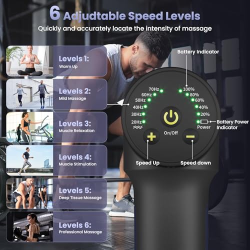 JQX Professional-Grade Percussion Massager - 6-Speed Deep Tissue Therapy Gun with 10mm Amplitude, 9 Attachments & Travel C...