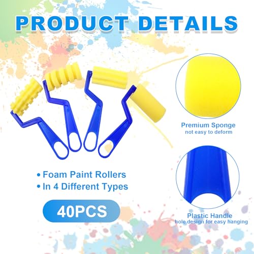 40 Pieces 3 Inch Foam Paint Rollers, Small Sponge Paint Roller with Plastic Handle, Reusable Painting Sponge Roller for To...
