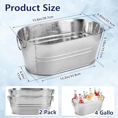 MIVIDE 2 Pack 3.3 Gallon Galvanized Tub Ice Bucket Metal Champagne Drink Bucket with Handles Galvanized Ice Buckets for Pa...