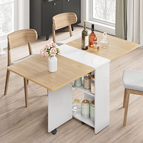 Space Saving Folding Dining Table with 2 Tier Storage-Extendable Drop Leaf Farmhouse Wood Kitchen Dining Room Tables Set f...