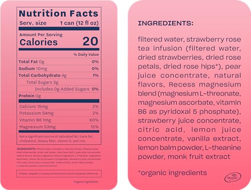 Recess Mood Magnesium & Adaptogen Drink, Relaxation Beverage, 12 Ounce (Strawberry Rose, 12 Pack)