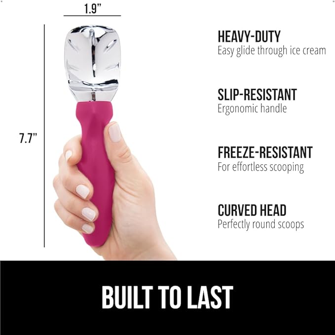 GORILLA GRIP BPA-Free Heavy Duty Ice Cream Scoop, Comfortable Ergonomic Handle, Professional Grade Scooper, Perfect Round Scoops, Spoon Frozen Hard Gelato, Sorbet, Cookie Dough, Kitchen Tool, Hot Pink