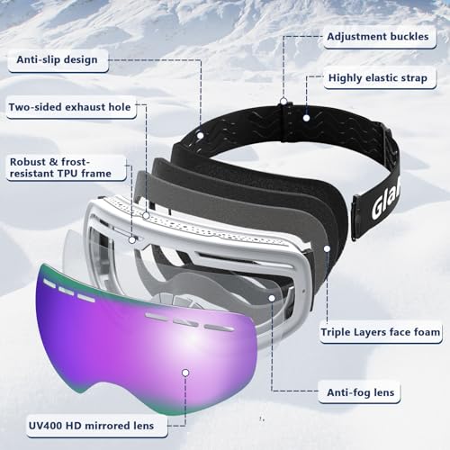 GlaRid OTG Ski Goggles PRO, Frameless 100% UV Protection Anti Fog Ski Goggles Men, Snowboard Goggles Men/Women/Adult/Youth