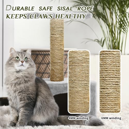 Natural Sisal Rope 1/4 Inch by 49-Feet for Cat Scratching Post Tree Tower Replacement Repair and Replace, DIY Hemp Twine R...