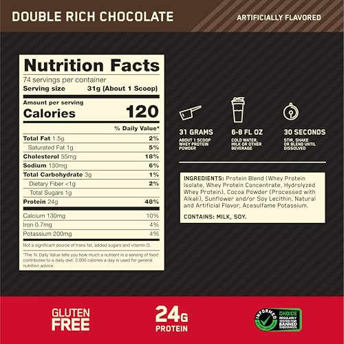 Optimum Nutrition Gold Standard 100% Whey Protein Powder, Double Rich Chocolate, 5 Pound (Packaging May Vary)