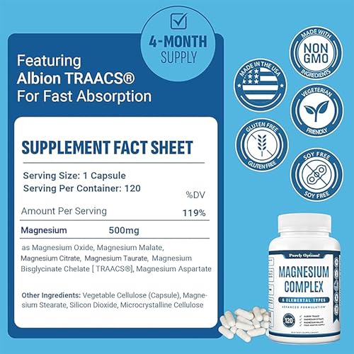 Purely Optimal Magnesium Complex - 6 Forms Magnesium Glycinate, Citrate & Malate - Sleep Support, Stress Relief, Muscles, ...