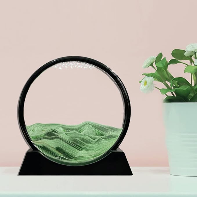 Aoderun Moving Sand Art Picture Round Glass 3D Deep Sea Sandscape in Motion Display Flowing Sand Frame Relaxing Desktop Home Office Work Decor (12", Green)