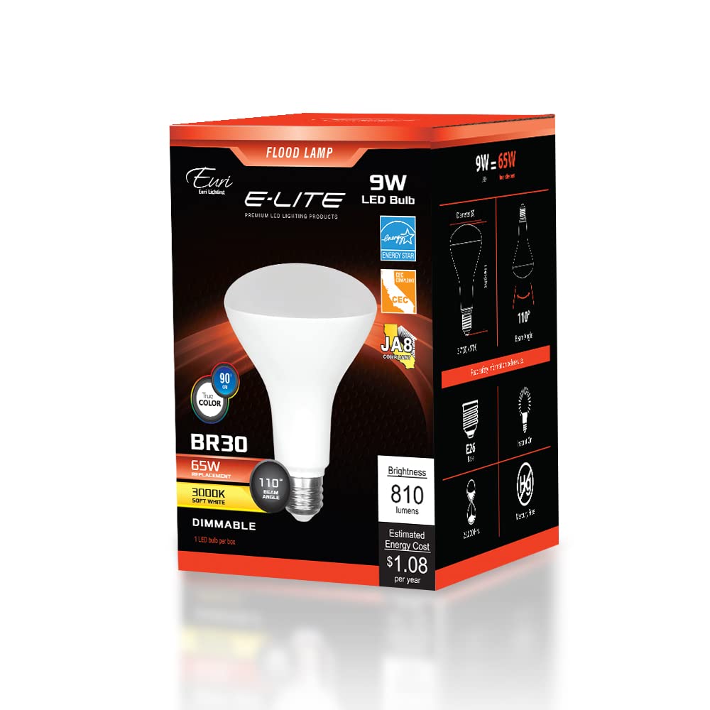 Euri Lighting Dimmable Led Br30 Bulb, 9W (65W Equivalent), 810Lm, Soft White, 3000K, Eb30-5000Cec, Damp Rated