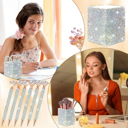 Qilery 8 Pcs Bling Desk Accessories Gift with 1 Bling Pen Holder 6 Pcs Crystal Rhinestone Pens 1 Crystal Scissors Glitter ...