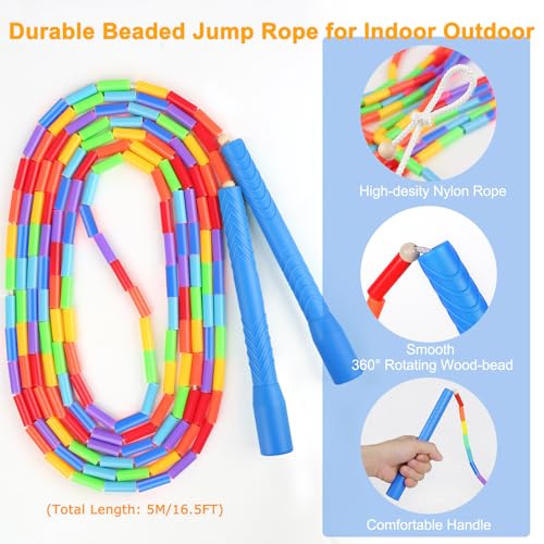 16.5FT Double Dutch Jump Ropes for Adults Kids, Rainbw Long Jump Rope, Beaded Jump Rope for Fitness, Segmented Skipping Ro...
