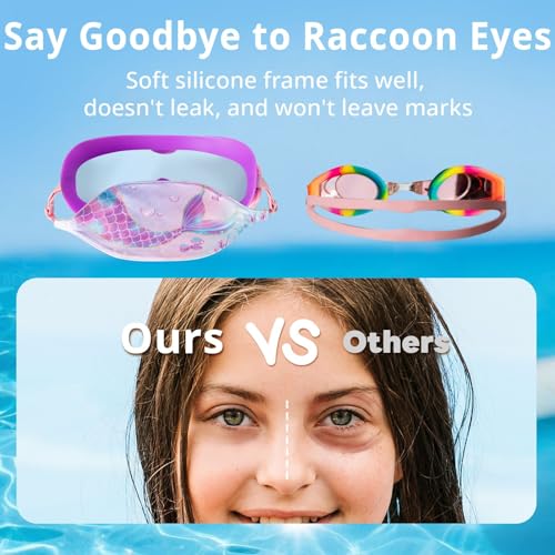 Pixel Panda 2 Pack Kids Swim Goggles with Fabric Strap for 6-14, Anti-Fog Anti-UV No Hair Pulling Wide View Swimming Goggles