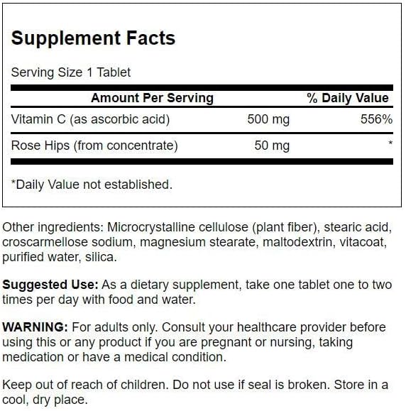 Swanson Vitamin C with Rose HIPS Immune System Support Skin Cardiovascular Health Antioxidant Supplement 500 mg 500 Tablets (2 Pack)