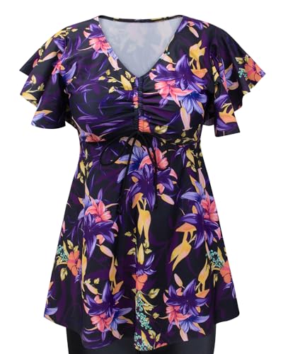 Fanuerg Women's Flowy Tankini Top Only Ruffle Sleeve Swim Bathing Suit Tops Modest Drawstring Swimsuit Top No Bottom