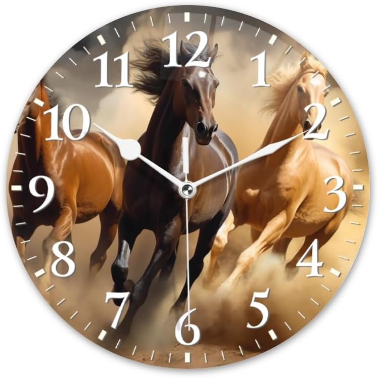 Horses Wall Clock Non-Ticking Silent Clocks Battery Operated Analog Decor Clock for Home-Three Horses Run Through The Desert(14inch)