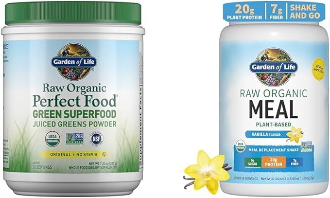 Garden of Life Raw Organic Perfect Food Green Superfood Juiced Greens Powder - Original Stevia-Free & Vegan Protein Powder - Raw Organic Meal Replacement Shakes - Vanilla