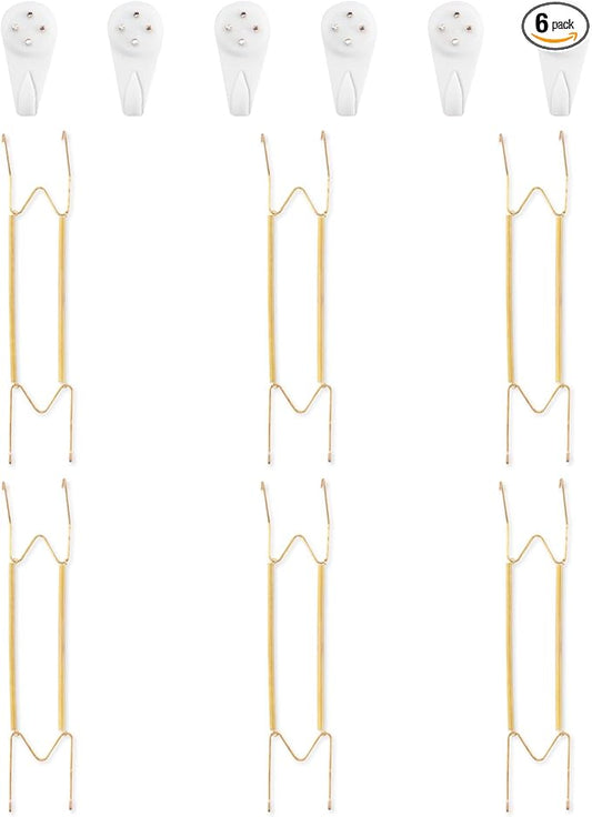 6 Pack Plate Hangers for The Wall, Suitable for 16-20 inch Art Plate, Stainless Steel Invisible Heavy Duty Wire Plate Holder with Wall Hooks, Plate Hangers for Displaying Plates, Platter, Dish, Gold