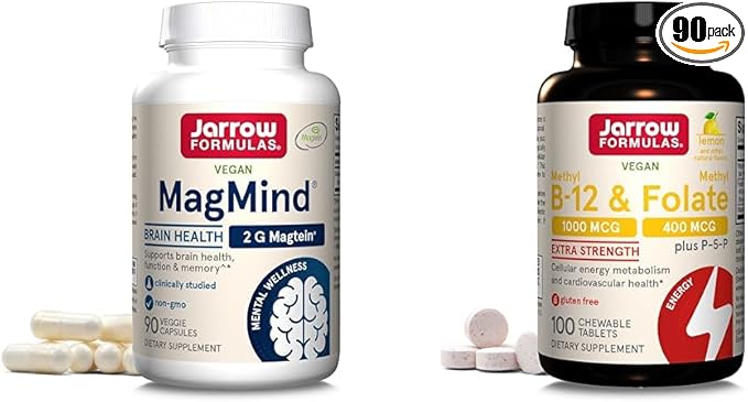 Jarrow Formulas MagMind Brain Health with Magtein (Magnesium L-Threonate) & Extra Strength Methyl B-12 1000 mcg & Methyl Folate 400 mcg + P-5-P