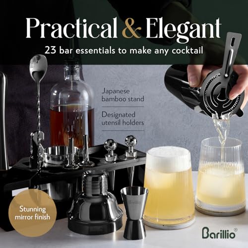 Barillio Black Bartender Kit - Stainless-Steel Cocktail Shaker Set w/Black Bamboo Stand - Mixology Bar Tools w/Drink Shake...