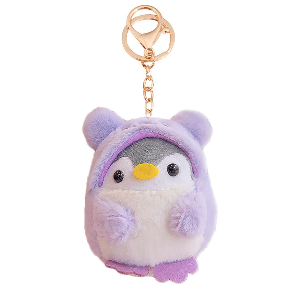 HSYHERE Super Cute Kawaii Wearing Clothes Cosplay Soft Plush Penguin Keychain, Funny Lucky Penguin Key Chain Valentine Lovers Christmas Birthday Gift Keyring Bag Pendant Car Key Ring -Purple