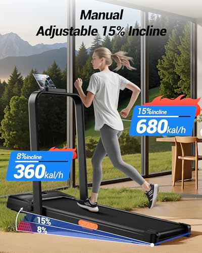 CURSOR FITNESS 15% Incline Walking Pad Treadmill with Handle Bar - 0.6-6.2MPH Quiet Foldable Treadmill for Home Office Und...