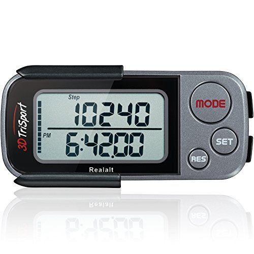 Realalt 3DTriSport Walking 3D Pedometer with Clip & Strap, eBook Included 30 Days Memory Accurate Step Counter, Walking Di...