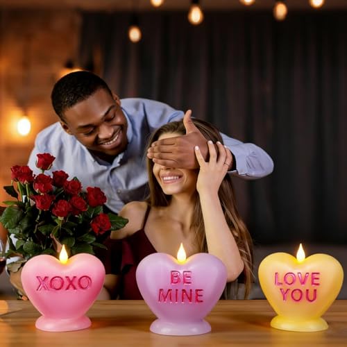 LCZLUMIPRO Valentine's Day Candles Heart Candle Flameless Candles Flickering 3 Pack Battery Operated LED Heart Shaped Candles with Realistic Warm Flame Effect Romantic Decor for Wedding Anniversary