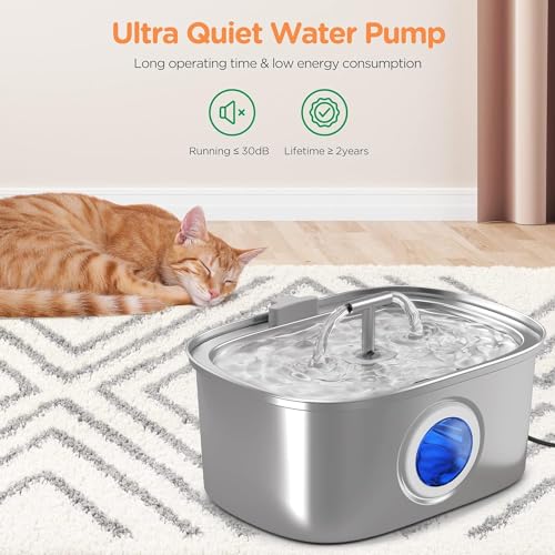 Cat Water Fountain Stainless Steel: 108oz/3.2L Automatic Pet Water Fountain Dog Water Dispenser with Water Level Window - ...