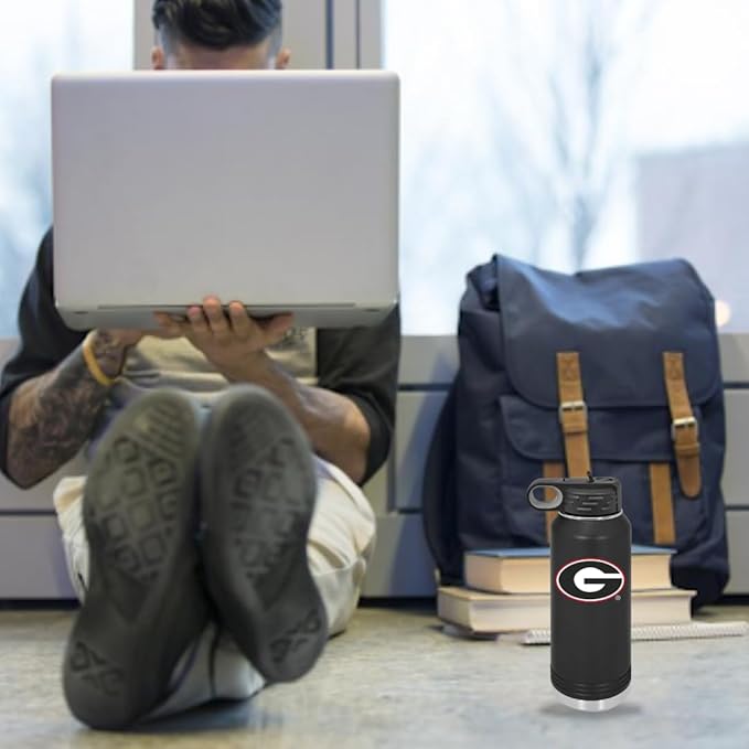 University of Georgia Bulldogs 32oz Stainless Steel Double Walled Black Beverage Bottle with Flip Straw Spout - College Gear for Playoff Season – For Office, Home or Auto – Show your Bulldog Pride