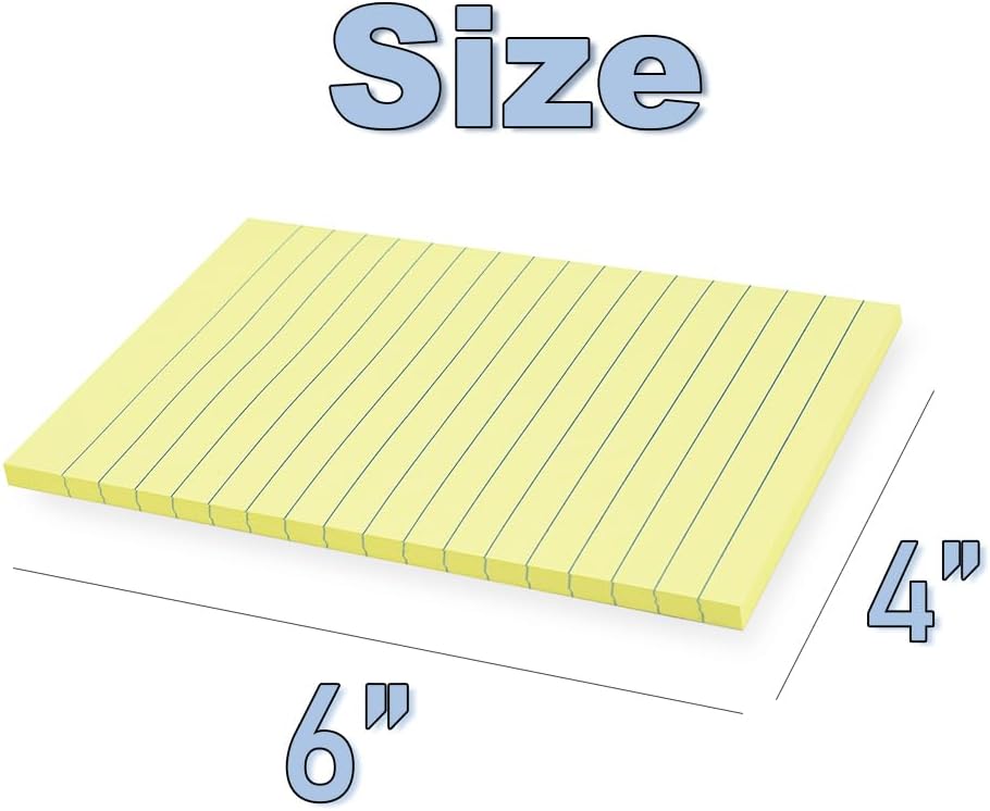 (6 Pads) Sticky Notes 4X6 in Yellow Stickies Super Sticking Power Memo Pads Strong Adhesive