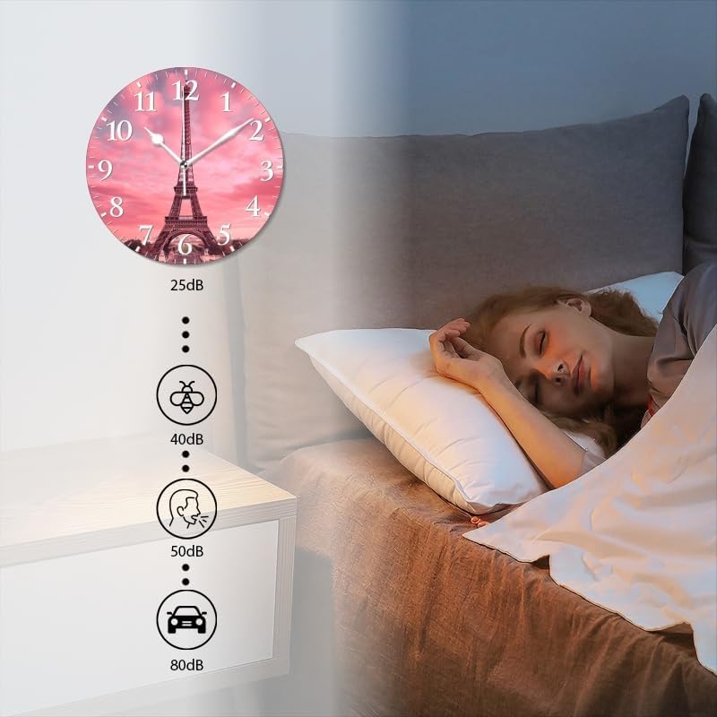 Paris Wall Clock Non-Ticking Silent Clocks Battery Operated Analog Decor Clock for Home-Eiffel Tower with Pink Sky and Pink Clouds(14inch)