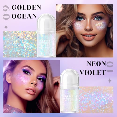 HOSAILY 2 Colors Roll-on Body Glitter Gel, Holographic Glitter Gel Under Light for Face Hair, Body Shimmer for Rave Access...