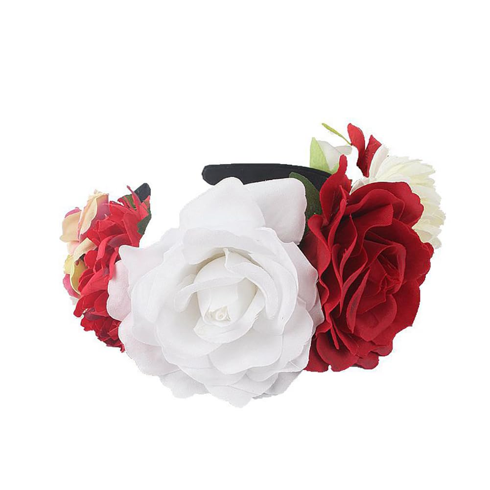 Lofruiin Women's Bohemian Rose Flower Crown Mexican Day of The Dead Headband Halloween Party Costume Headpiece (White Red, Free)