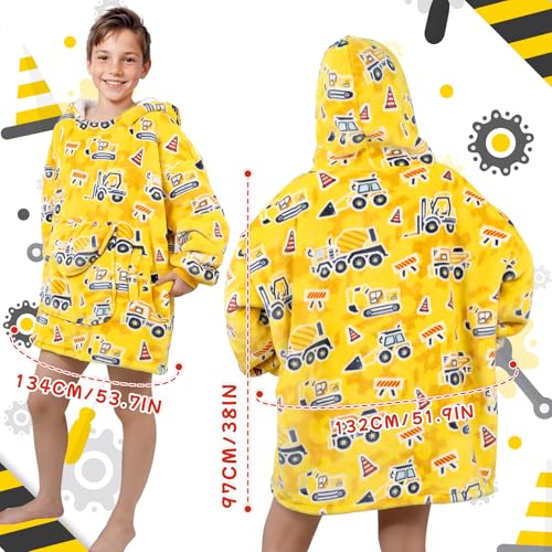 OHOIT Excavator Wearable Blanket Hoodie for Kids 6-10 YR - Glow in The Dark Truck Blanket with Oversized Pocket - Construc...