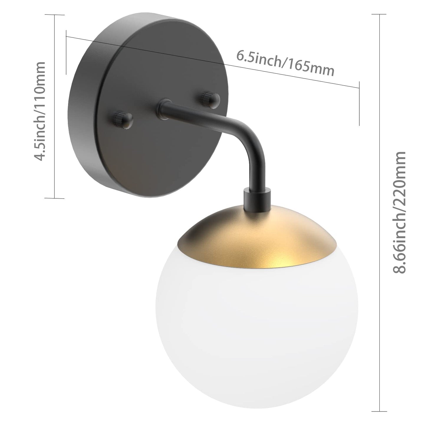 Tipace Black and Gold Wall Light, Mid Century Modern Globe Sconce, 6000K G9 Bulb, 1 Light, well-made Metal