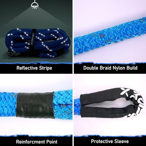 AXSIPEIX Kinetic Recovery Rope Kit (Reflective), 1.25in x 30ft 56,000Lbs, 35% High Elasticity, w/ 2 Soft Shackles, 18,666L...