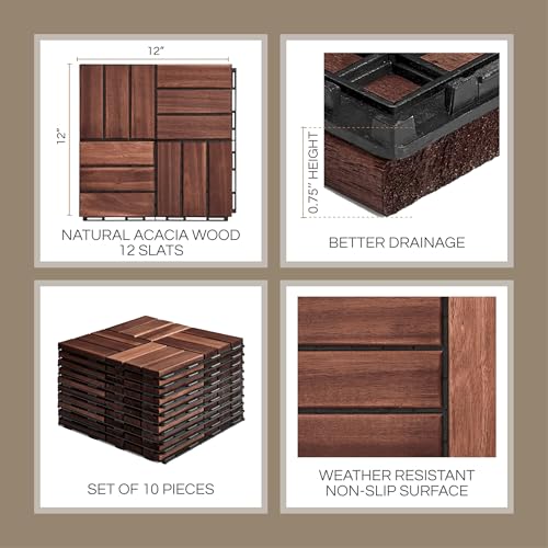 THYOI 10 Pcs Deck Tiles, Patio Flooring - Outdoor Waterproof Acacia Wood Tiles for All Weather Use - Balcony, Backyard, In...