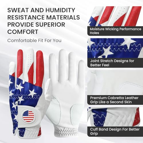 Amy Sport Golf Gloves Men Right Handed Golfer Left Hand Leather with Ball Marker Value 3 Pack, Color Leather Glove All Wea...